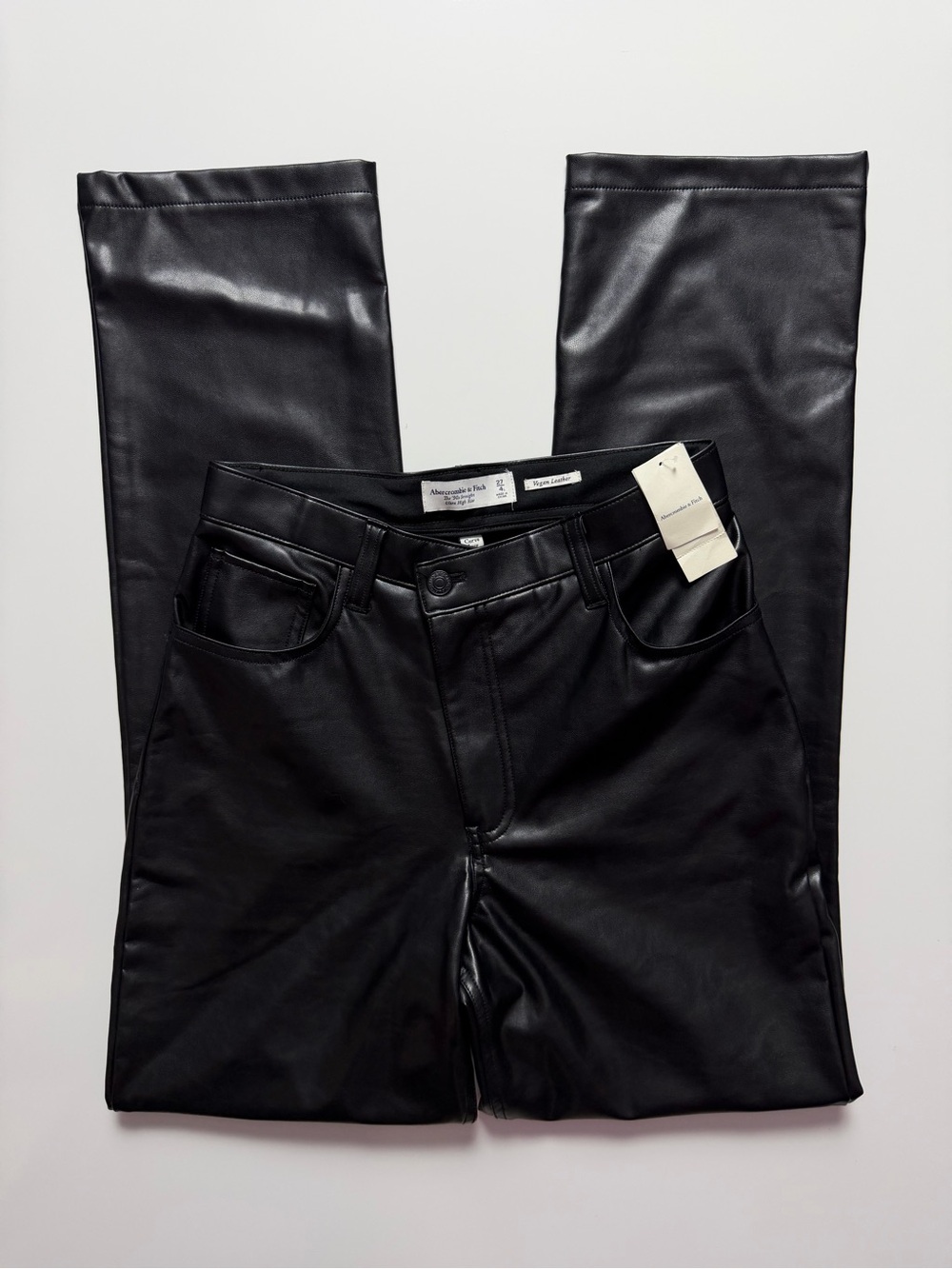 NWT Abercrombie & Fitch 90s Straight Vegan Leather Pants, Black, Size 27/4L
